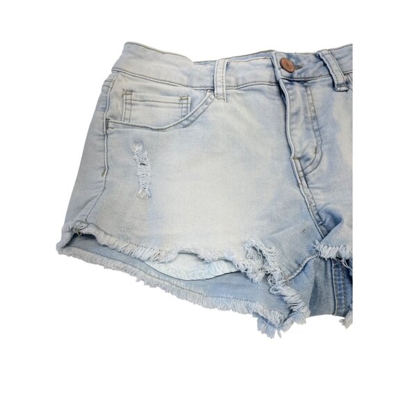 Light Wash Distressed High Rise Cutoff Denim Shorts Frayed Hem Pockets Size 9 - Picture 2 of 7